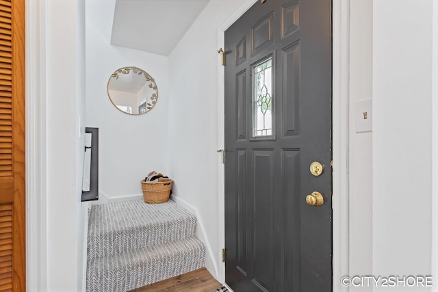 foyer entrance featuring baseboards and wood finished floors