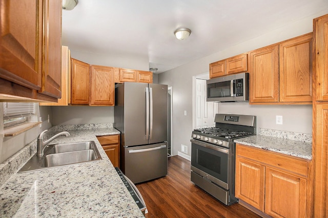 kitchen featuring a sink, baseboards, dark wood-style flooring, and stainless steel appliances