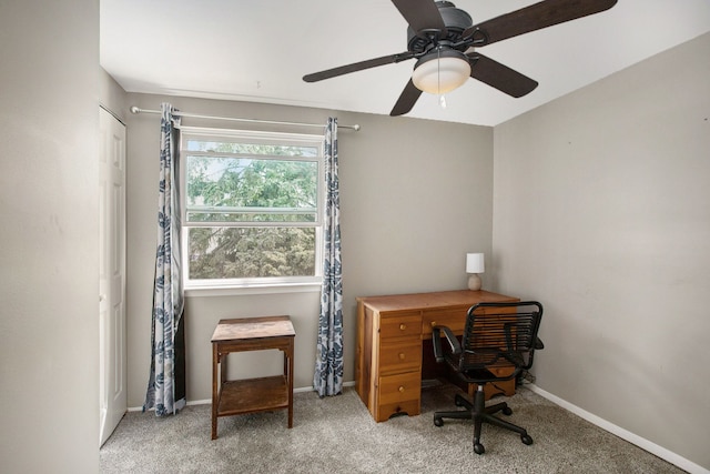 office space featuring a ceiling fan, carpet, and baseboards