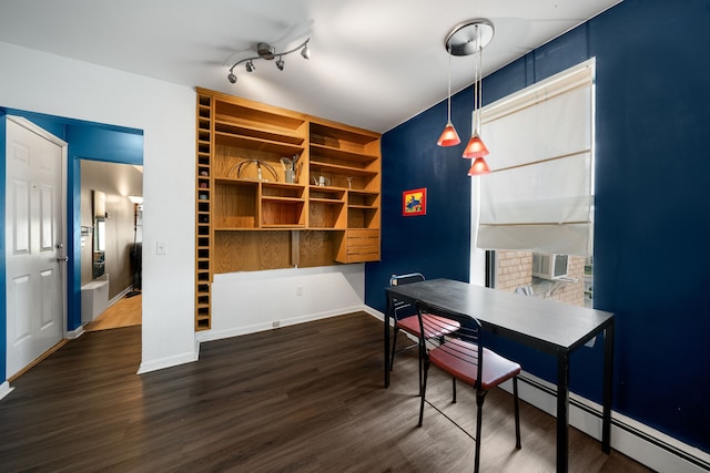 home office with cooling unit, dark wood-style flooring, and baseboards