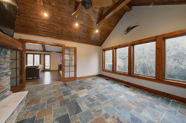 unfurnished room featuring high vaulted ceiling, wood ceiling, baseboards, french doors, and beamed ceiling