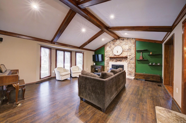 living room with dark wood-style floors, visible vents, lofted ceiling with beams, a stone fireplace, and baseboards