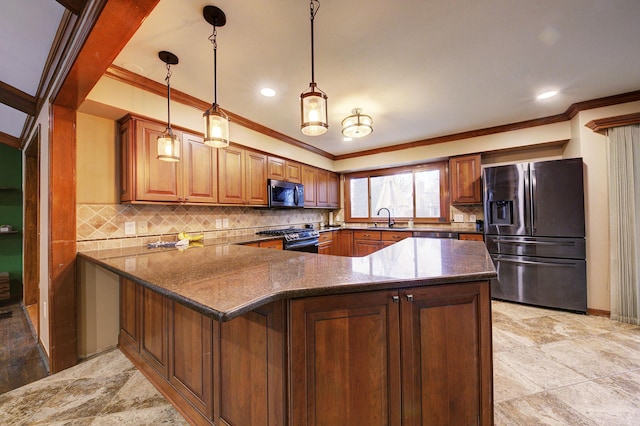 kitchen featuring a peninsula, ornamental molding, appliances with stainless steel finishes, tasteful backsplash, and brown cabinetry