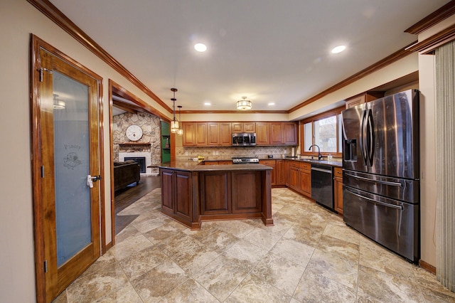 kitchen with appliances with stainless steel finishes, dark countertops, ornamental molding, and backsplash