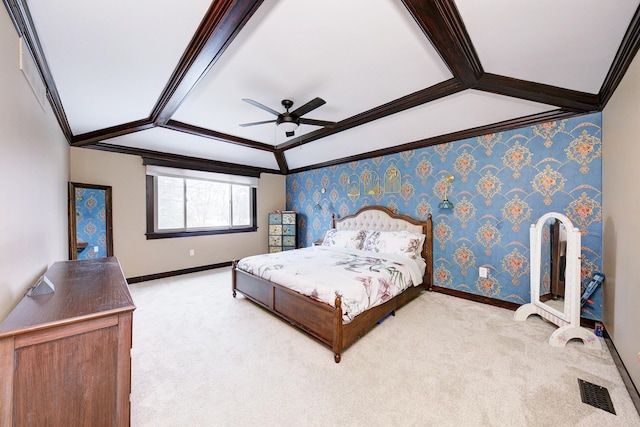 bedroom with crown molding, light colored carpet, visible vents, baseboards, and wallpapered walls