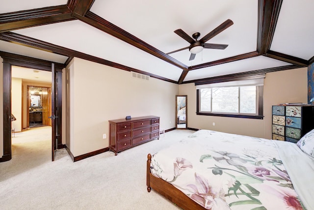 bedroom featuring light colored carpet, visible vents, ornamental molding, vaulted ceiling, and baseboards