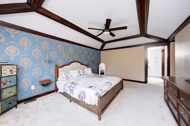 bedroom with wallpapered walls, baseboards, ornamental molding, and light colored carpet