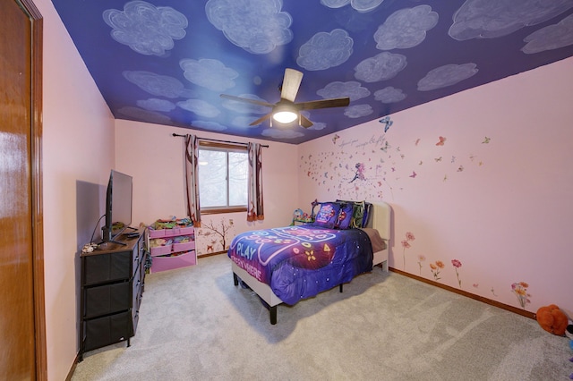 bedroom featuring carpet flooring, ceiling fan, and baseboards