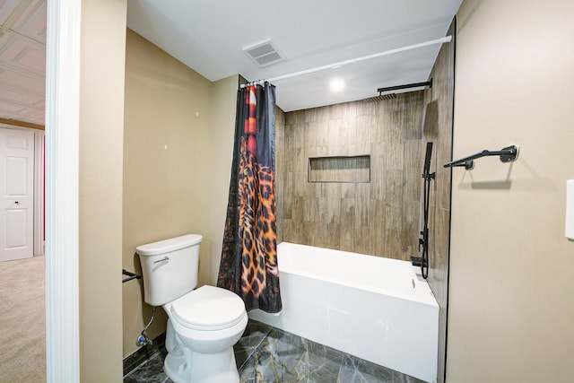 bathroom with toilet, visible vents, and shower / bath combo with shower curtain