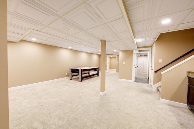 game room featuring recessed lighting, light carpet, and baseboards