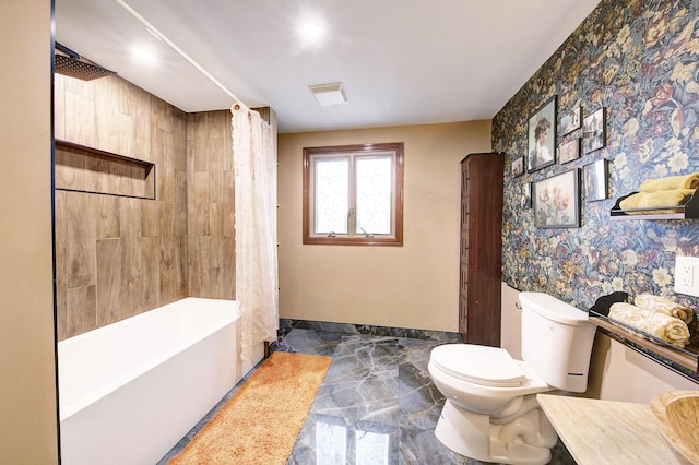 bathroom featuring wallpapered walls, visible vents, baseboards, toilet, and shower / bath combo with shower curtain