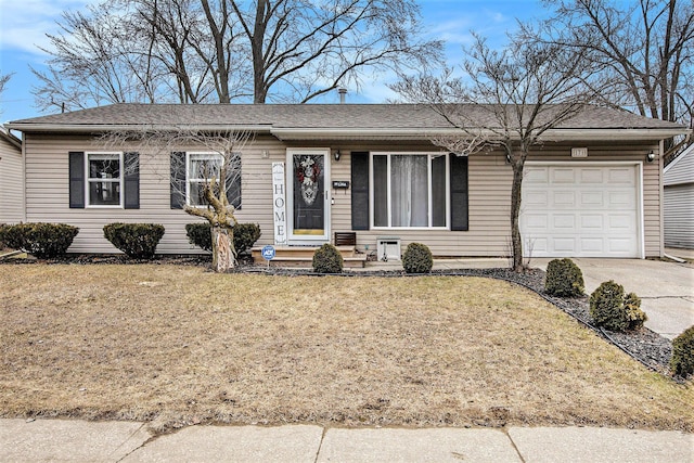 ranch-style home with a front yard, concrete driveway, roof with shingles, and an attached garage