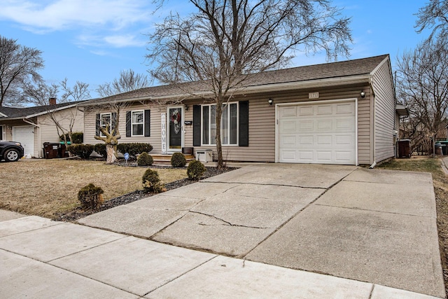 ranch-style house featuring a garage, driveway, roof with shingles, and cooling unit