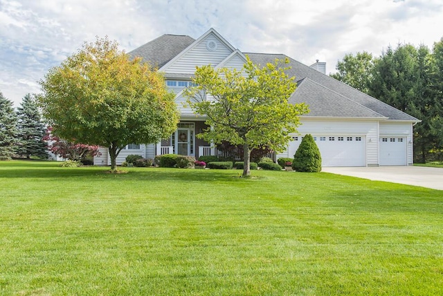 view of front of house featuring driveway, a front lawn, an attached garage, and a shingled roof