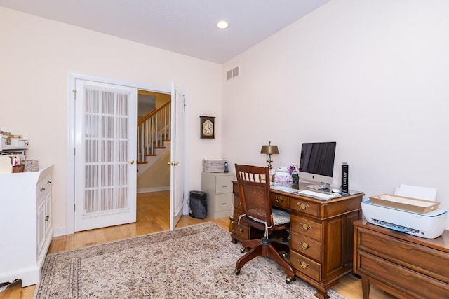 office area with visible vents, wood finished floors, and recessed lighting