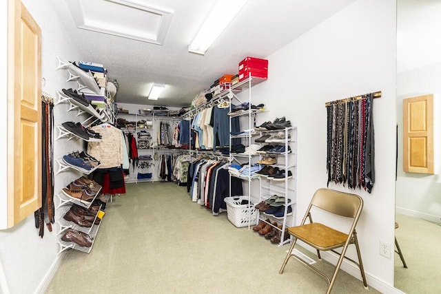 walk in closet featuring attic access and carpet flooring