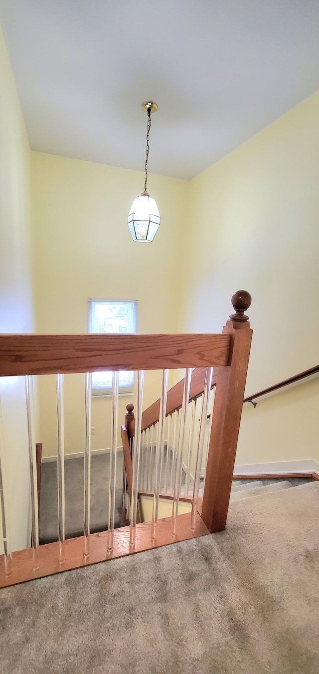 stairs with baseboards and carpet