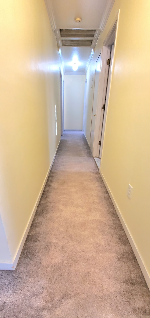 hall with light colored carpet and baseboards