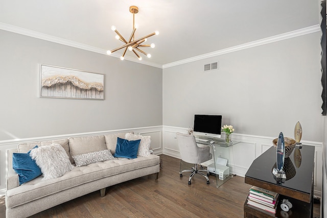 office area with an inviting chandelier, visible vents, wood finished floors, and ornamental molding