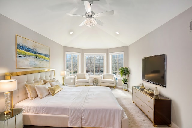 bedroom featuring light carpet, baseboards, lofted ceiling, ceiling fan, and recessed lighting