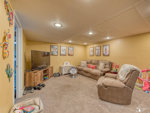 living room with recessed lighting and carpet flooring