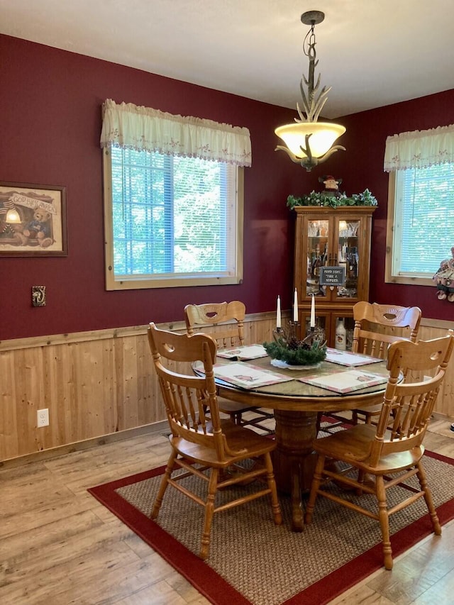 dining space featuring wainscoting, plenty of natural light, and light wood finished floors