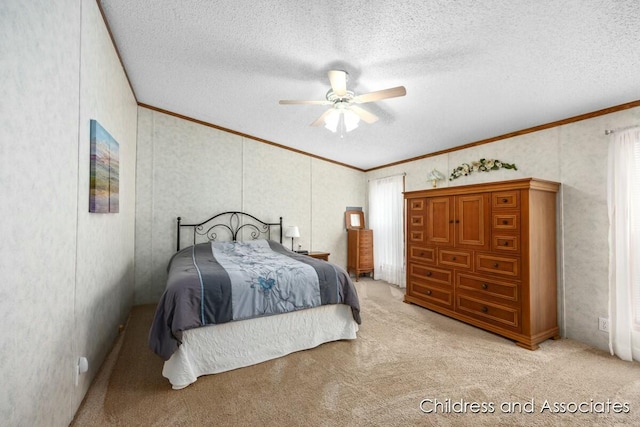 bedroom featuring crown molding and light colored carpet