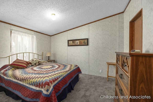 bedroom featuring crown molding, a textured ceiling, vaulted ceiling, and carpet flooring