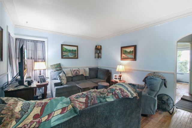 living room featuring ornamental molding, arched walkways, and wood-type flooring