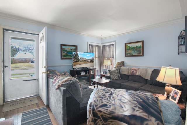 living room featuring wood finished floors and crown molding