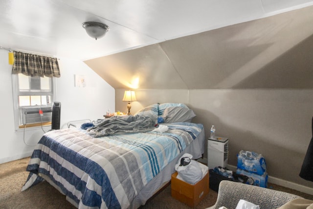 carpeted bedroom featuring lofted ceiling, cooling unit, and baseboards