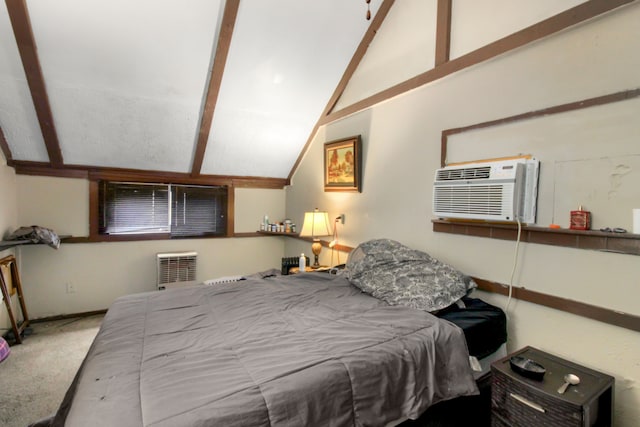 bedroom featuring lofted ceiling with beams, a wall unit AC, baseboards, and carpet