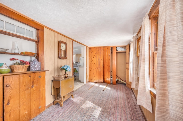 interior space with wooden walls, carpet, and a textured ceiling