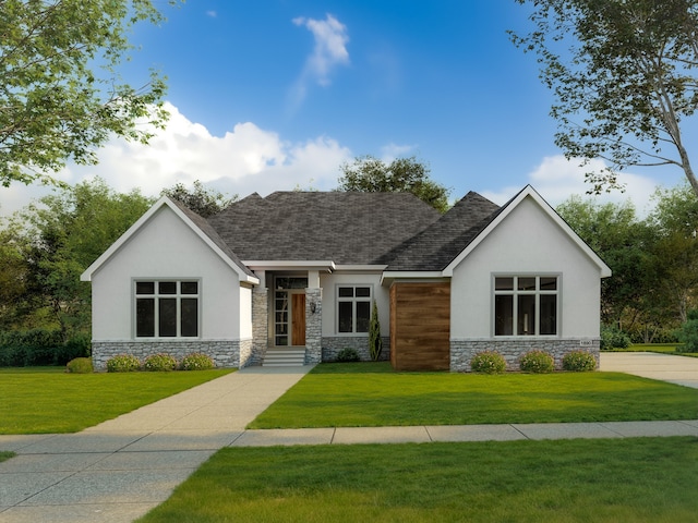 view of front of property featuring stone siding, a front lawn, roof with shingles, and stucco siding