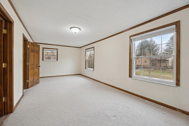 spare room featuring light carpet, visible vents, a textured ceiling, and ornamental molding