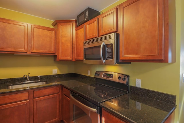 kitchen featuring stainless steel appliances, dark stone counters, and a sink