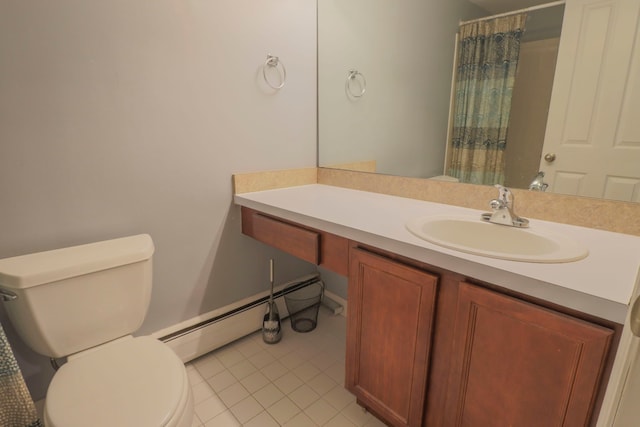 full bathroom with toilet, a shower with curtain, tile patterned floors, vanity, and a baseboard radiator