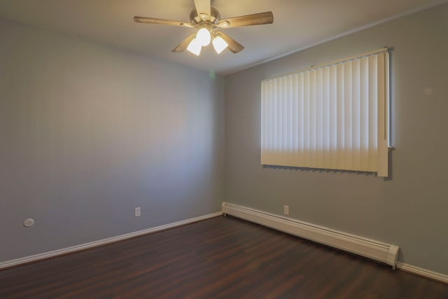 unfurnished room featuring a ceiling fan, wood finished floors, baseboards, and baseboard heating