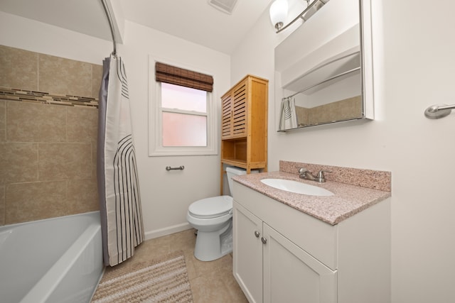 bathroom with tile patterned flooring, toilet, vanity, baseboards, and shower / bath combination with curtain