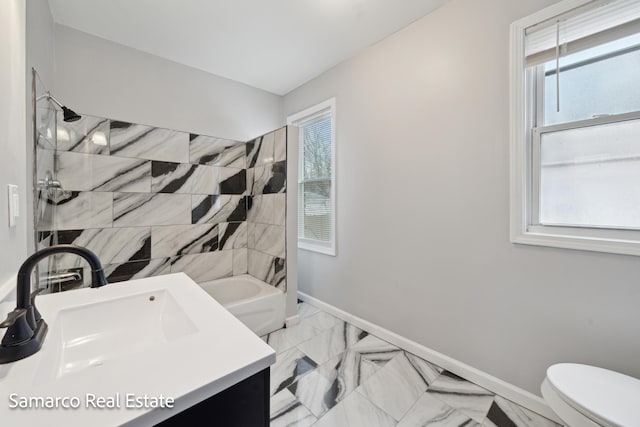 full bath with toilet, vanity, baseboards, marble finish floor, and  shower combination