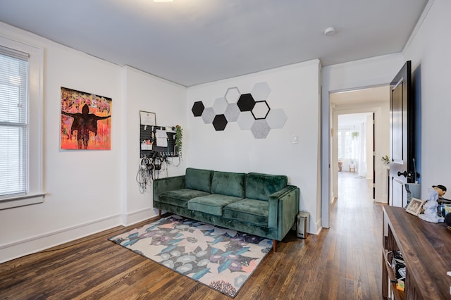 living room featuring dark wood-style flooring and baseboards