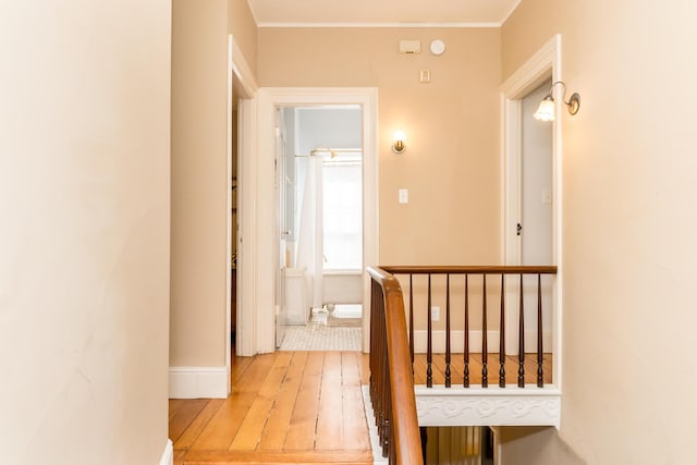 hallway with crown molding, baseboards, and hardwood / wood-style flooring