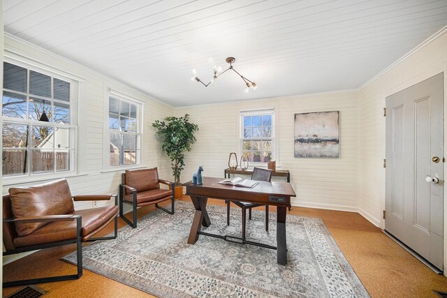 office space featuring a notable chandelier, visible vents, and crown molding