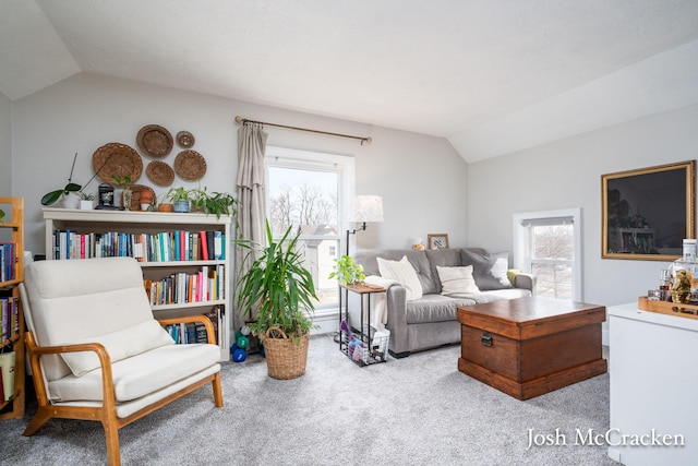 living area with lofted ceiling, a healthy amount of sunlight, and carpet floors