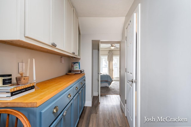 interior space featuring dark wood finished floors and a ceiling fan