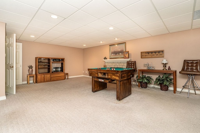 game room featuring carpet floors, recessed lighting, a drop ceiling, and baseboards