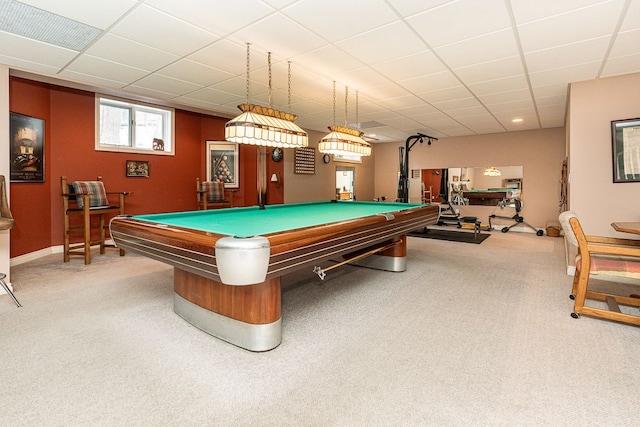 recreation room with carpet, a drop ceiling, billiards, and baseboards