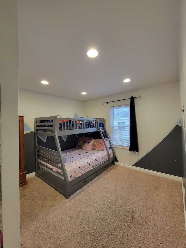 bedroom featuring recessed lighting, carpet flooring, and baseboards