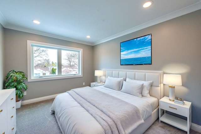 bedroom featuring recessed lighting, carpet flooring, baseboards, and ornamental molding