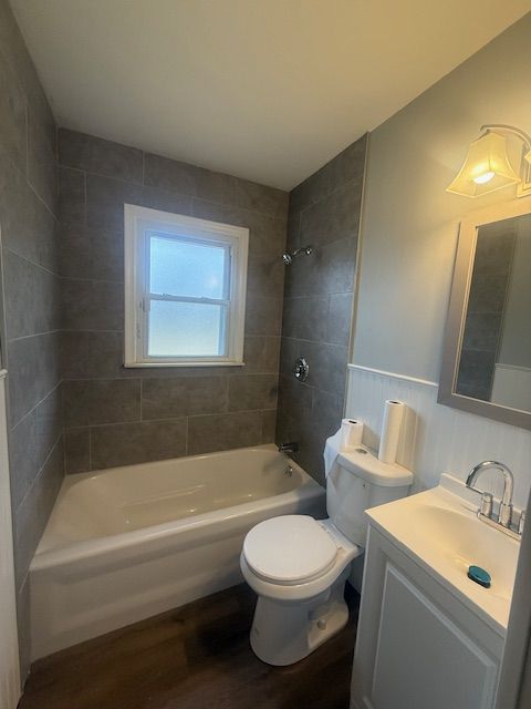 bathroom with toilet, vanity, wood finished floors, and washtub / shower combination